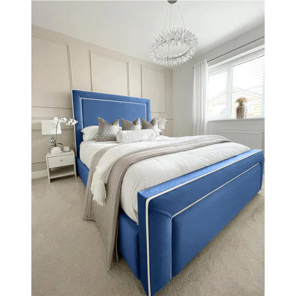 Eleganza Home Arring Super King Size Blue Plush Velvet Bed Frame with Headboard and Footboard Image 3
