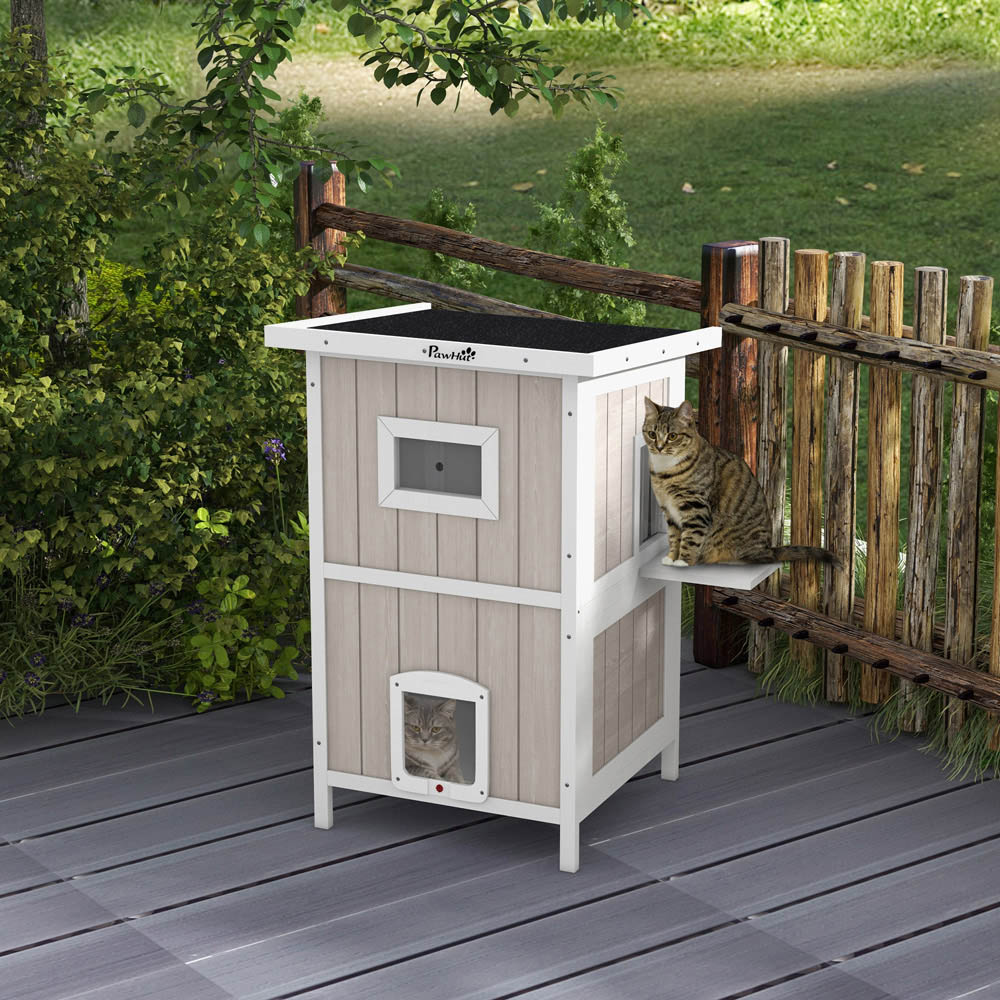 PawHut Grey Outdoor Wooden Cat House Image 2