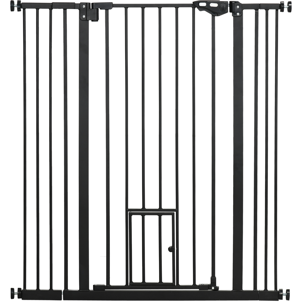 PawHut Black 74-101cm Wide Extra Tall Pet Safety Gate with Cat Flap Image 1