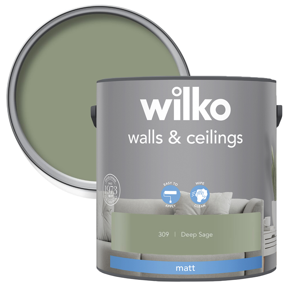 Wilko Walls & Ceilings Deep Sage Matt Emulsion Paint 2.5L Image 1