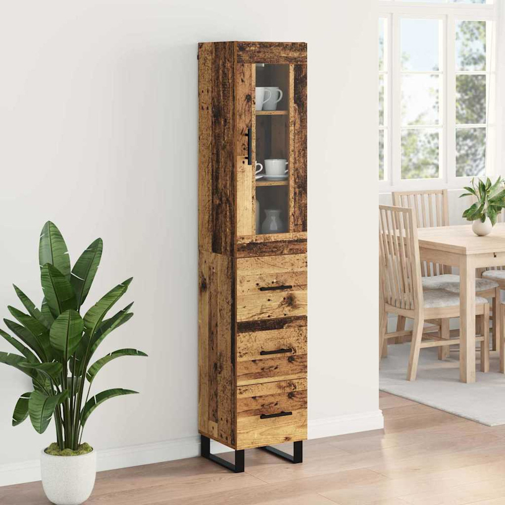 vidaXL Single Glass Door 3 Drawer Old Wood Tall Slim Highboard Image 9