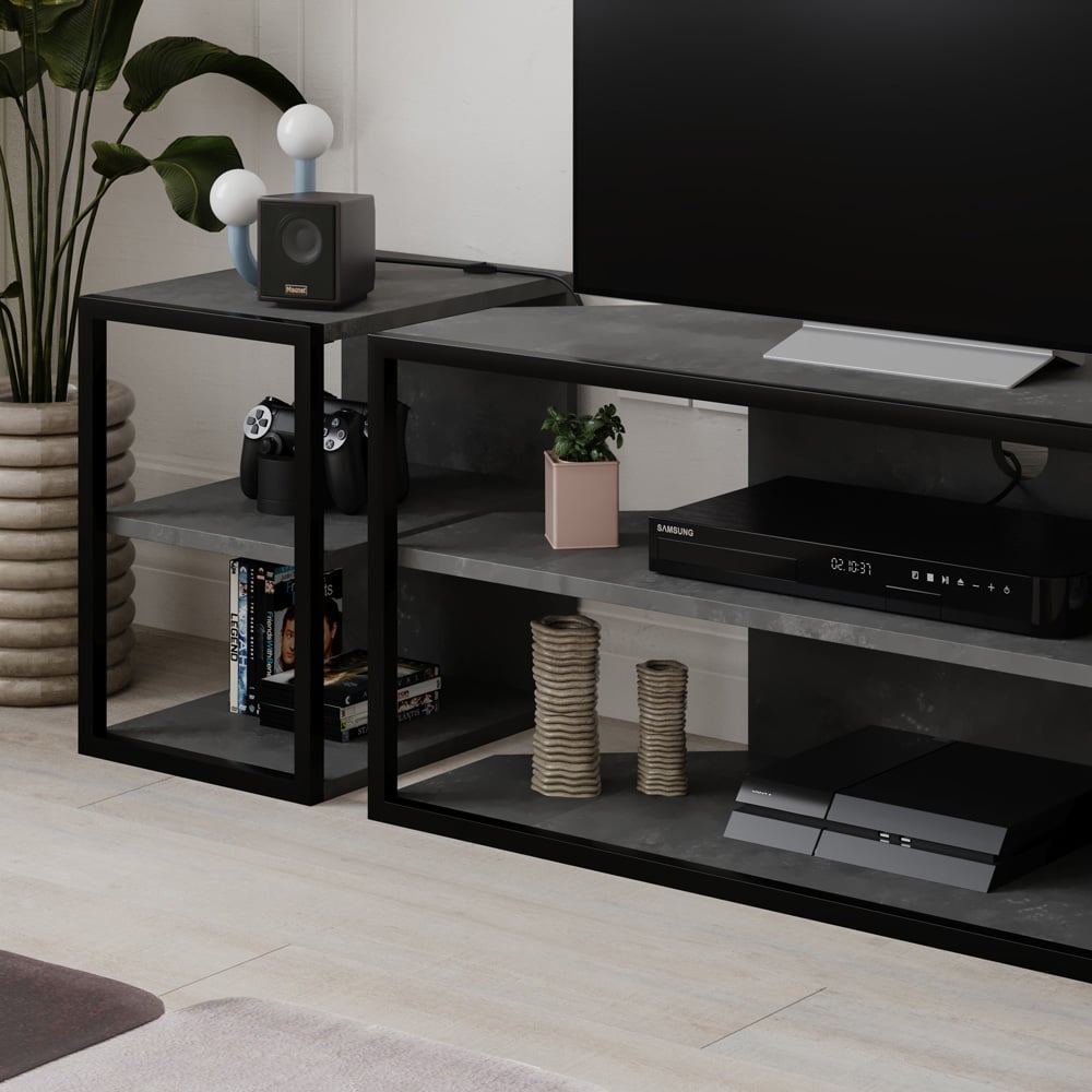 Decortie Echo 2 Shelf Retro Grey Metal Frame Modern TV Unit with 2 Side Table Image 3