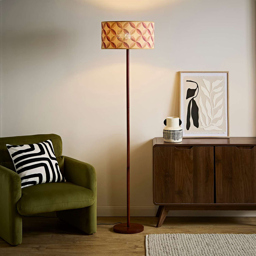 ValueLights Heather Geo Print Bamboo Drum Shade Dark Wood Stem Floor Lamp with Bulb Image 6