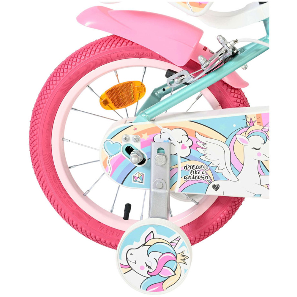 Volare Unicorn Kids 14 inch Green and Pink Bike with Stabilisers Doll Seat and Basket Image 6