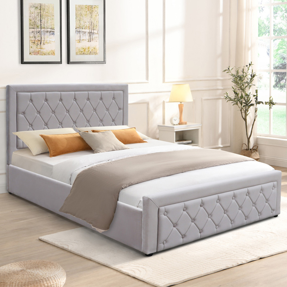 Kosy Koala Double Grey Velvet Tufted Gaslift Ottoman Bed with Mattress Image 1