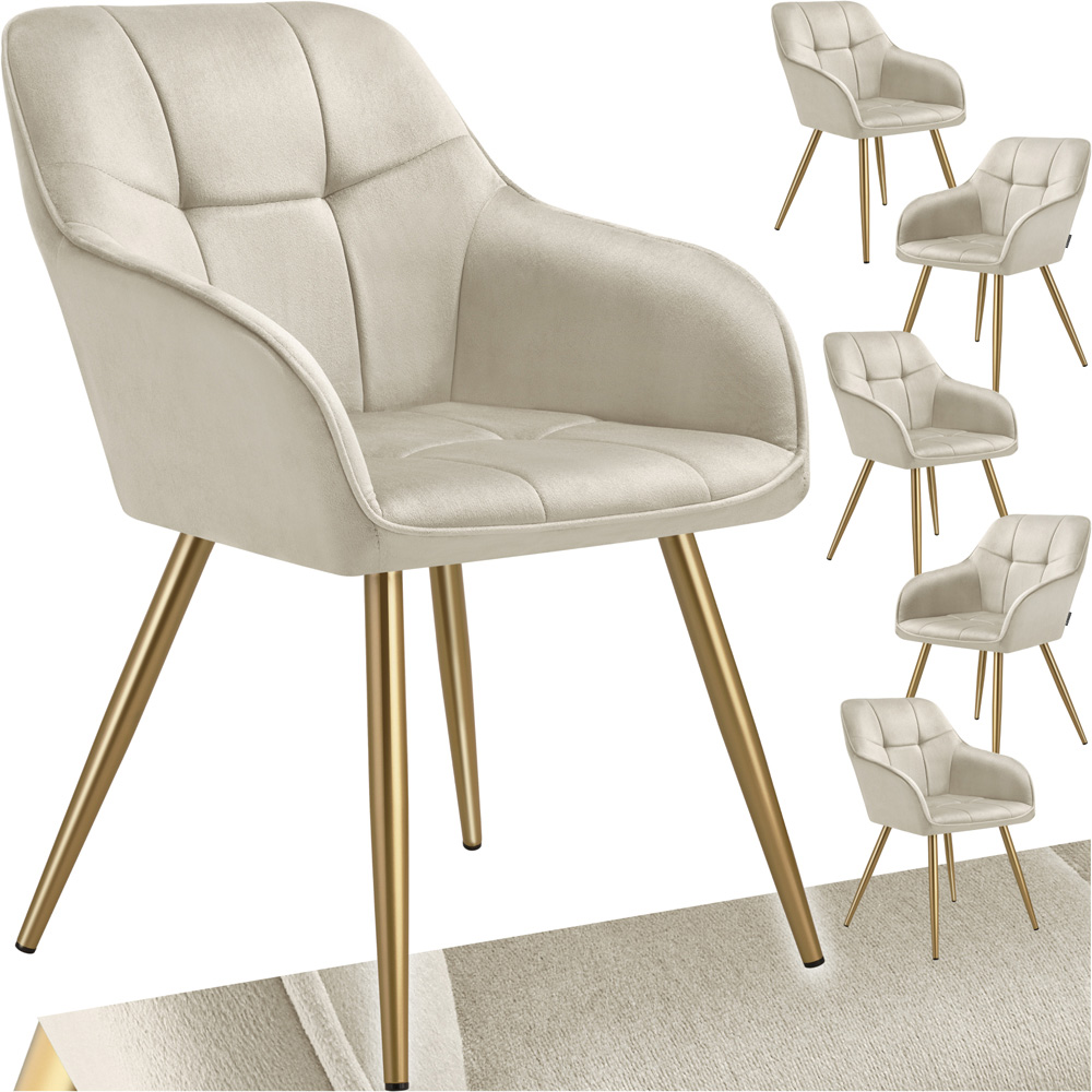 tectake Marilyn Cream and Gold Quilted Velvet Look Chair Set of 6 Image 2