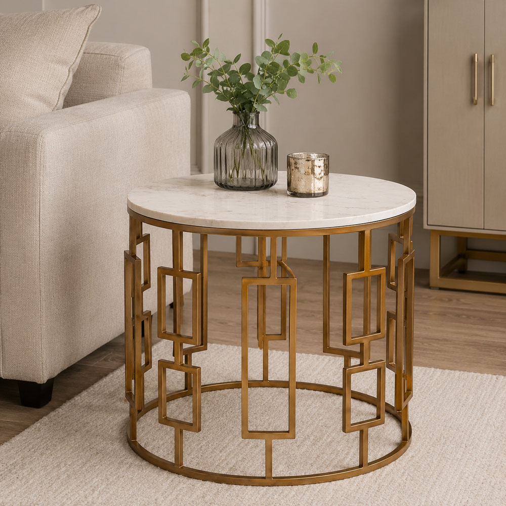 Premier Housewares Shalimar White Marble Top Side Table with Gold Base Image 4