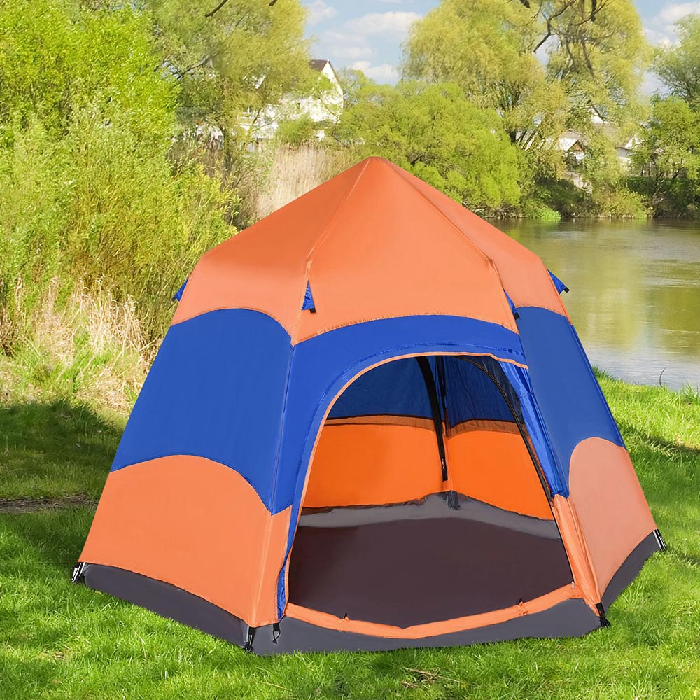 Outsunny 6 Person Hexagonal Pop Up Tent Blue/ Orange Image 2