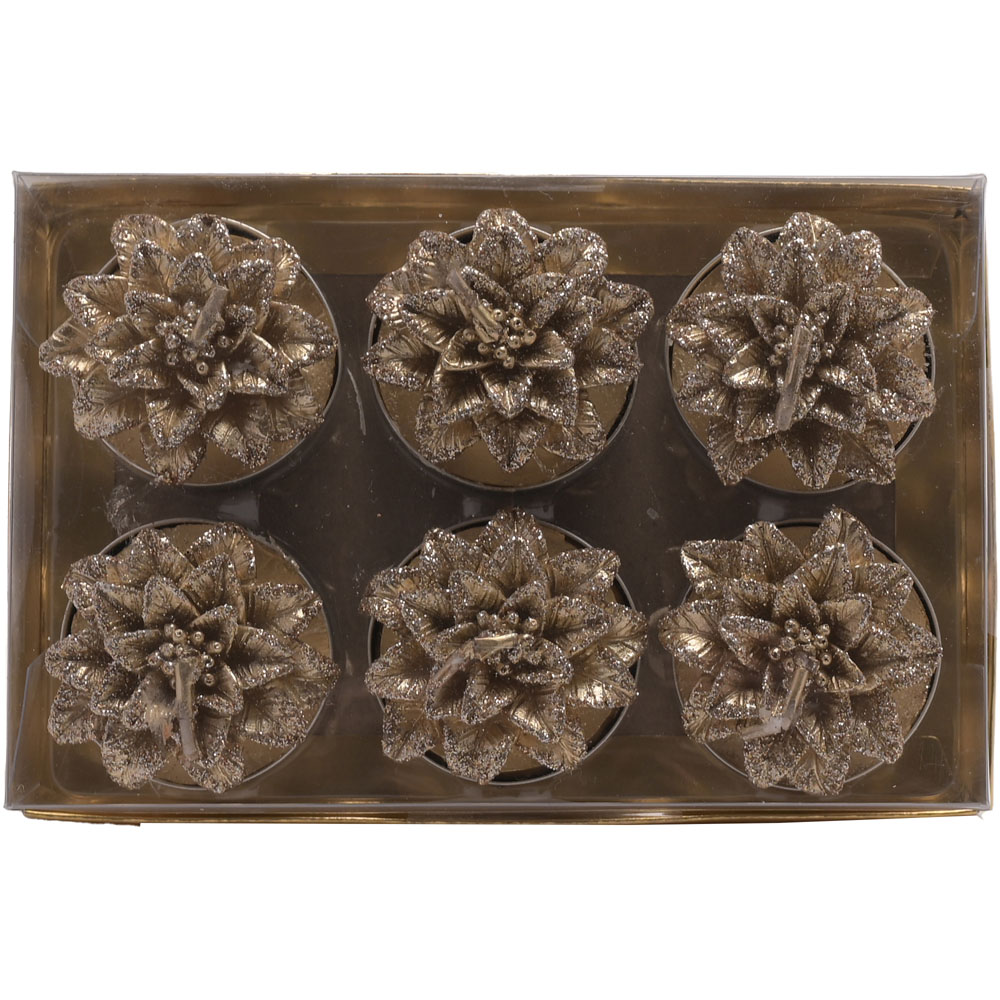The Christmas Gift Co Gold Poinsettia Tealights 6 Pack Image 2