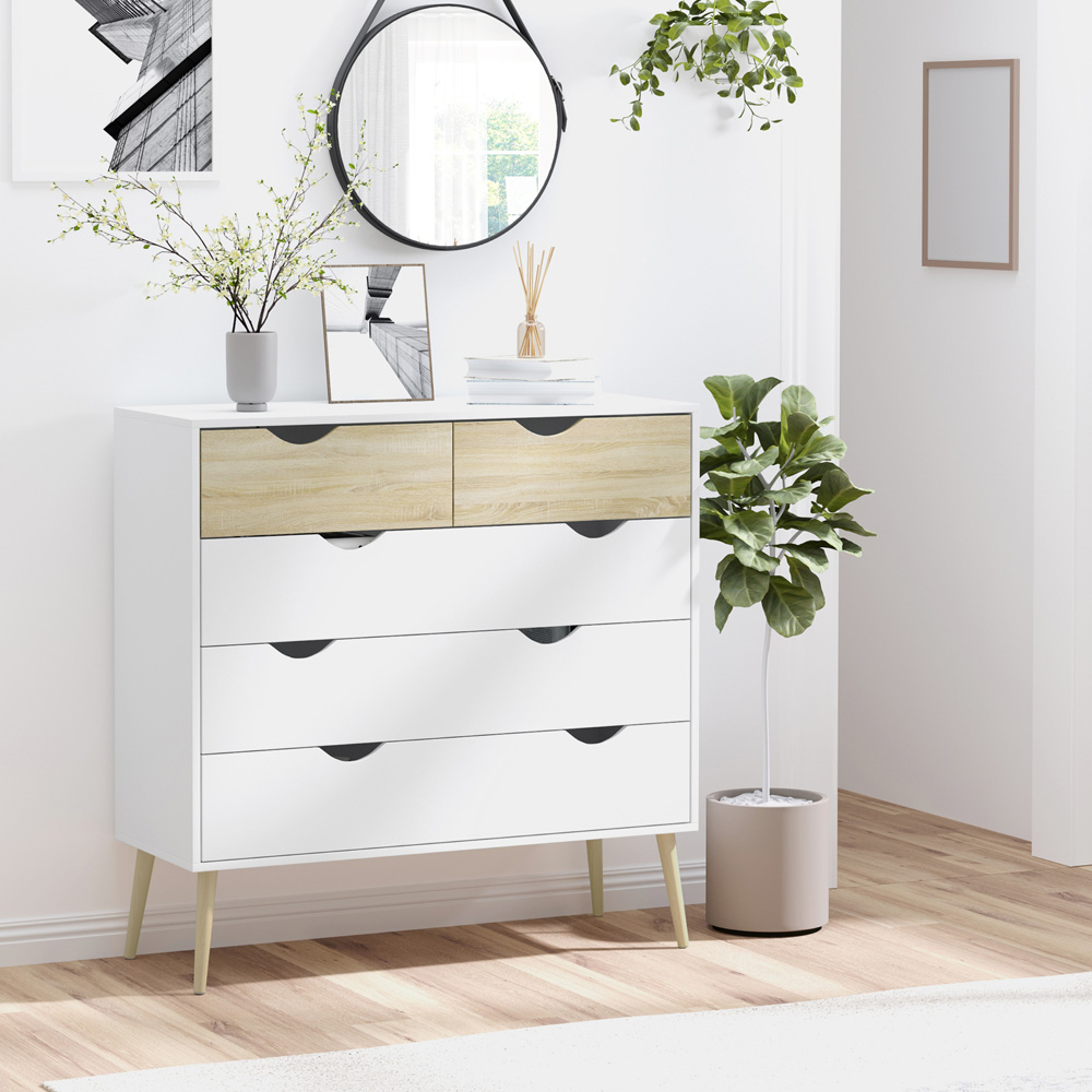Portland Nordic 5 Drawer White and Oak Wood Chest of Drawers Image 6