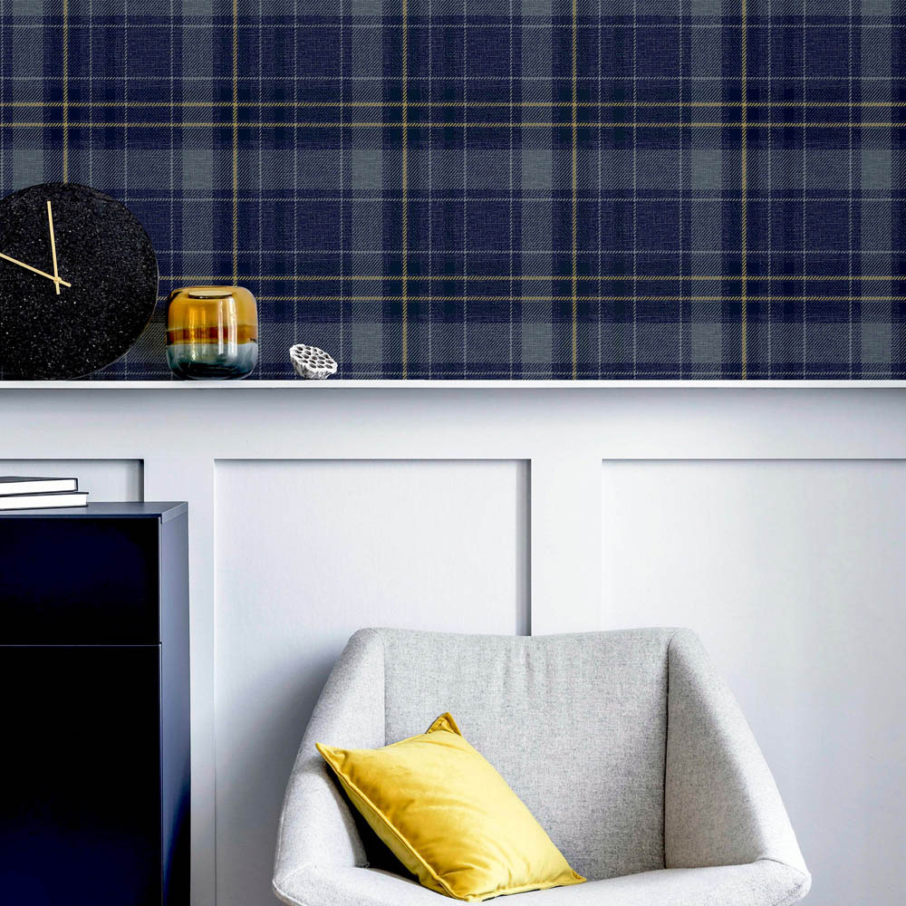 Arthouse Twilled Plaid Navy and Gold Wallpaper Image 5