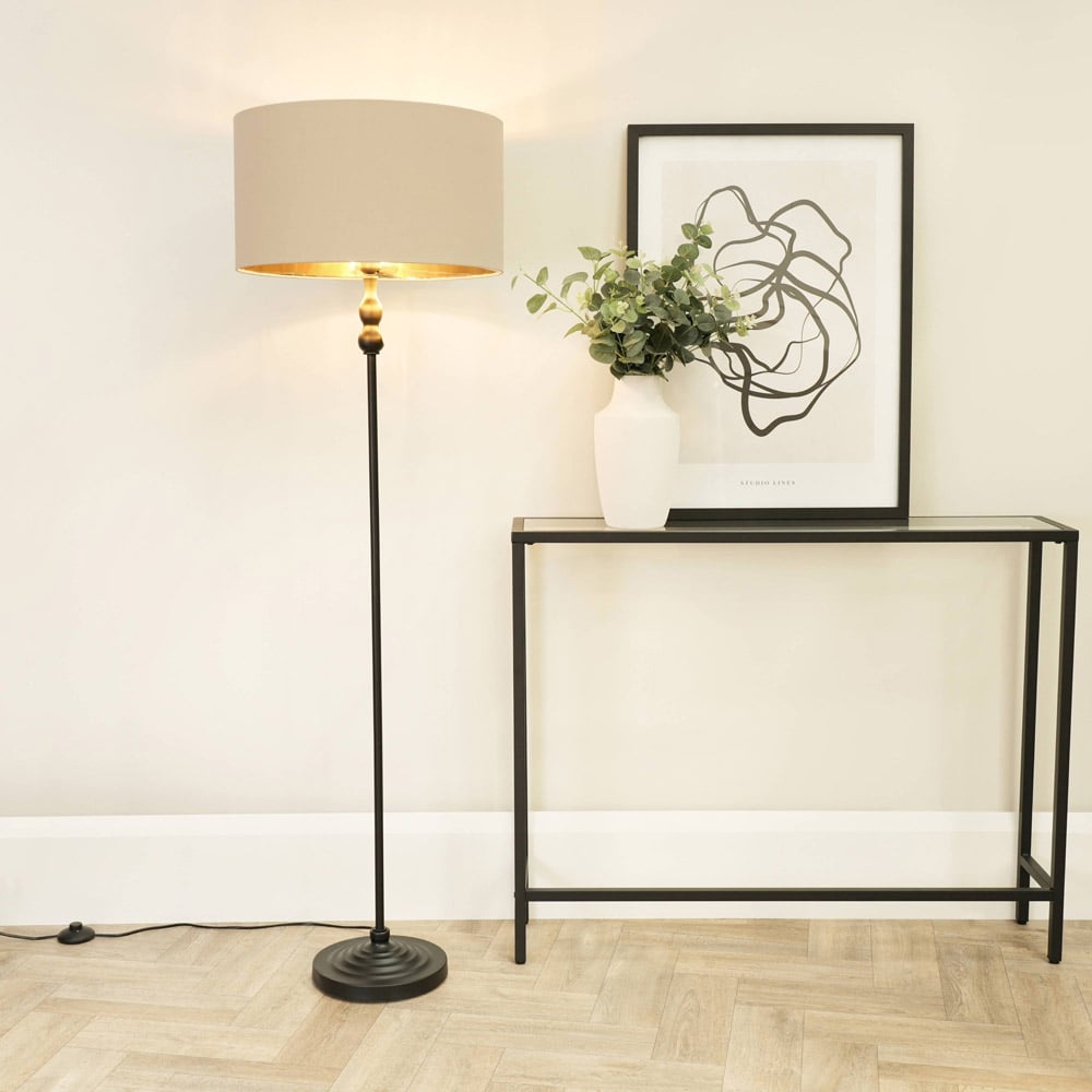ValueLights Maggie Beige and Metallic Gold Shade Black Metal Candlestick Floor Lamp Image 2