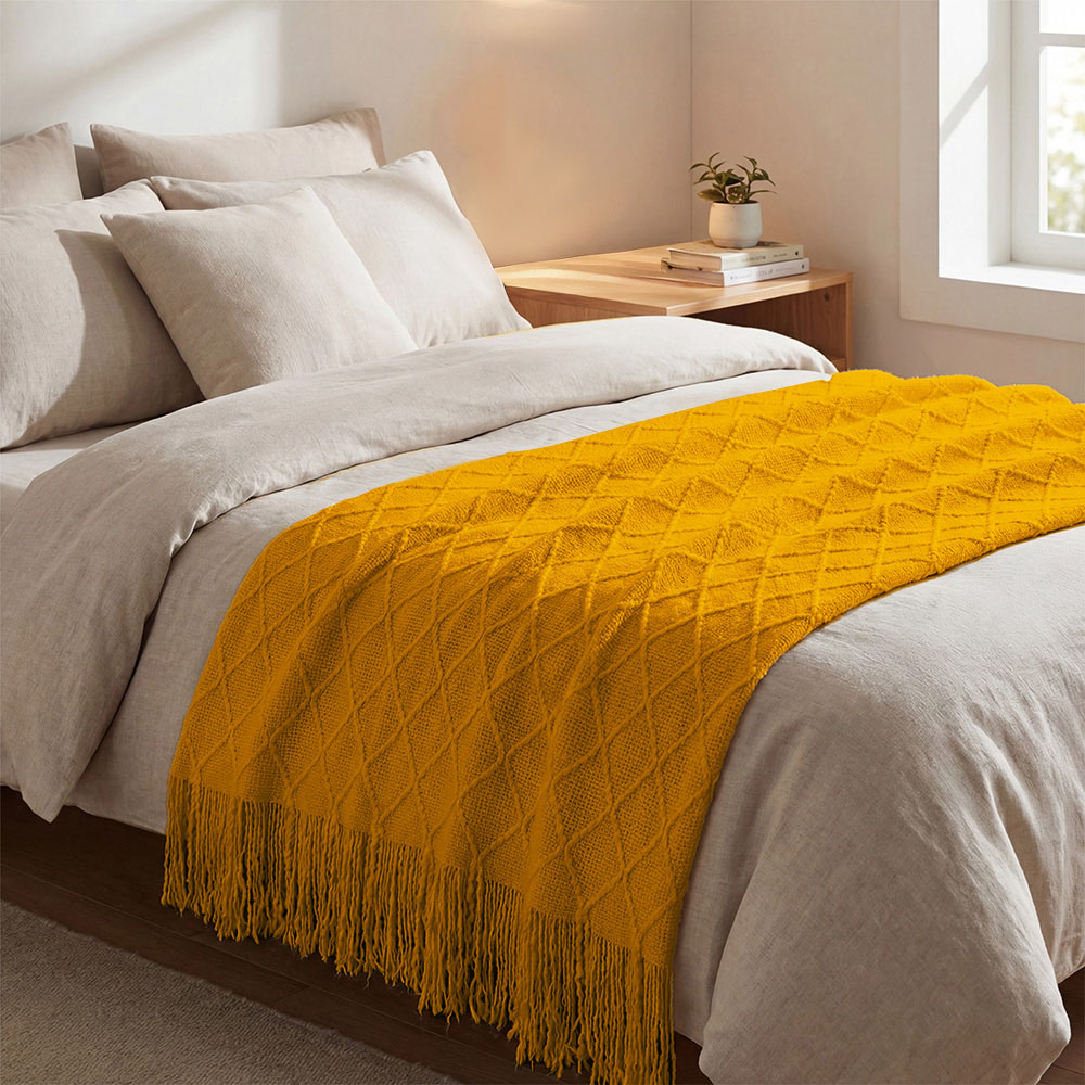 Living and Home Yellow Diamond Knit Throw Blanket with Tassels 130 x 170cm Image 7