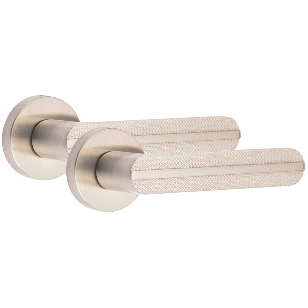 Golden Grace Satin Nickel Modern Lima Knurled Bathroom Door Handle Set Image 2