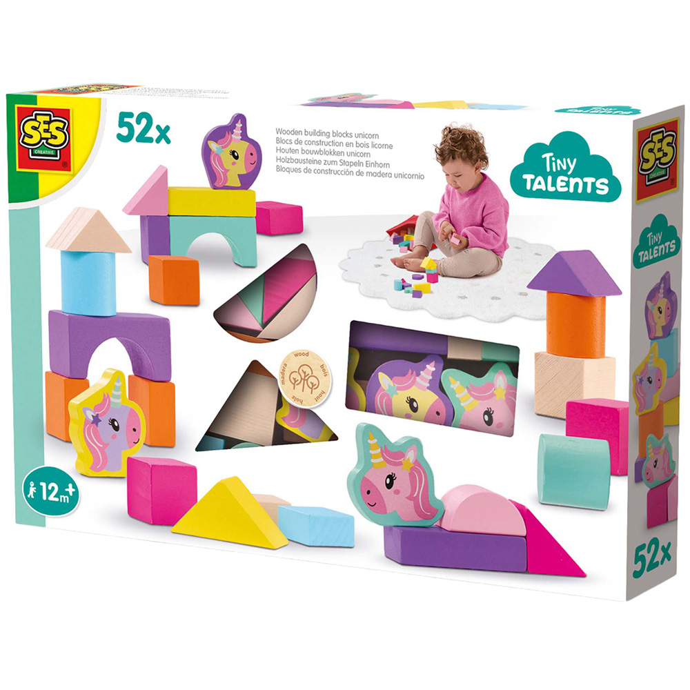 SES Creative Tiny Talents 52-Piece Unicorn Wooden Building Blocks Set Image 1