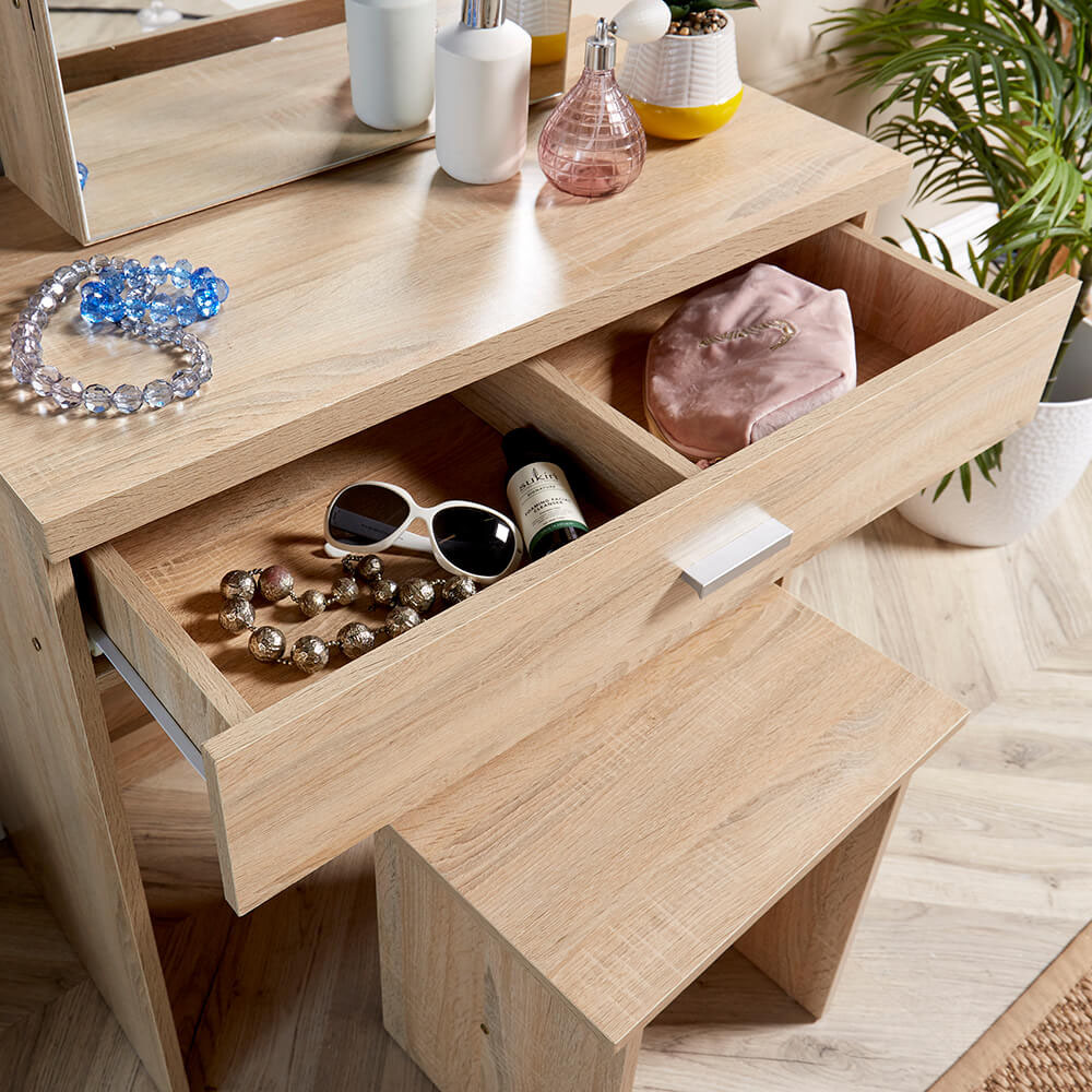 Home Source Berlin Single Drawer Oak Dressing Table Set with Sliding Vanity Mirror Image 4