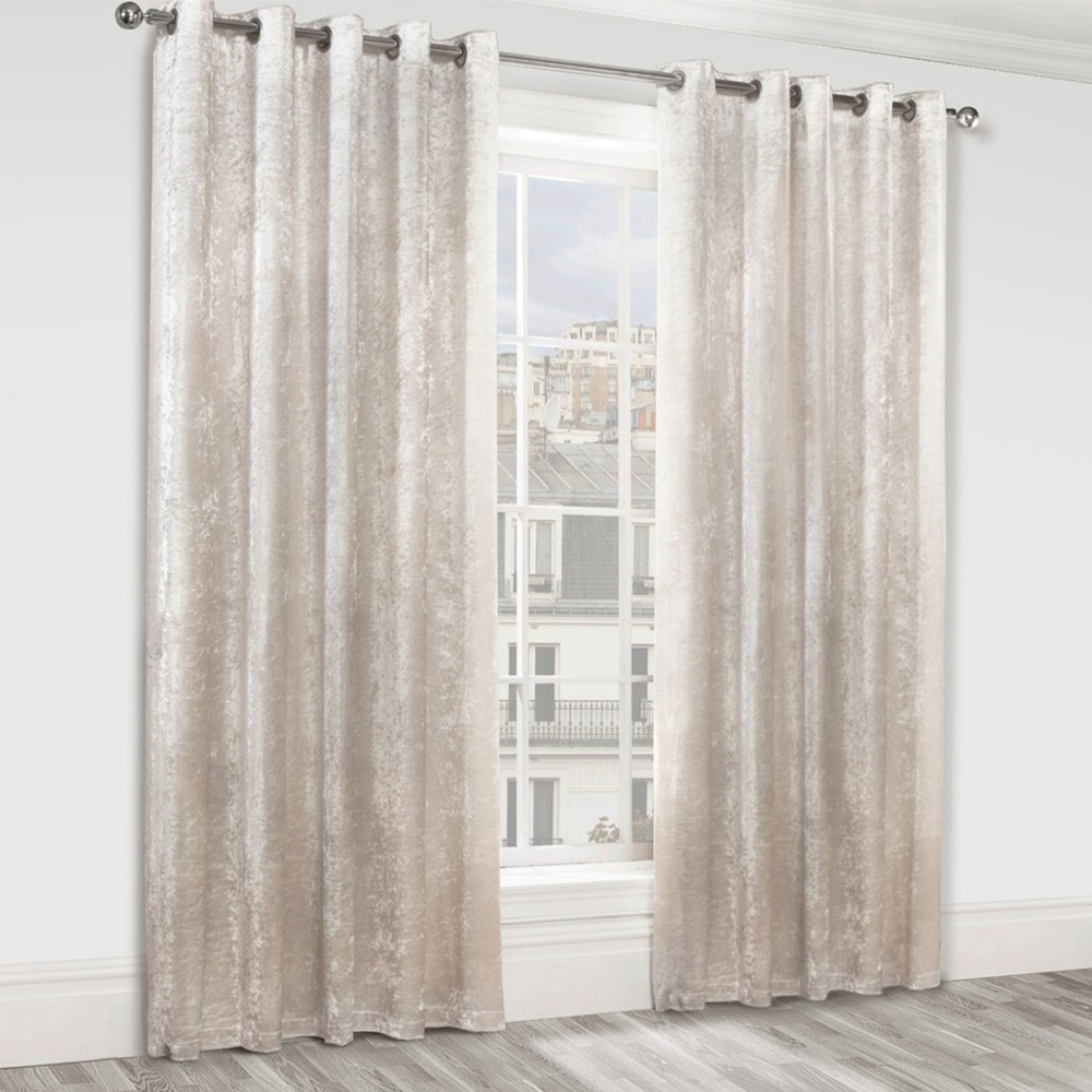 Alan Symonds Cream Crushed Velvet Ring Top Eyelet Curtains 229 x 183cm Image 1