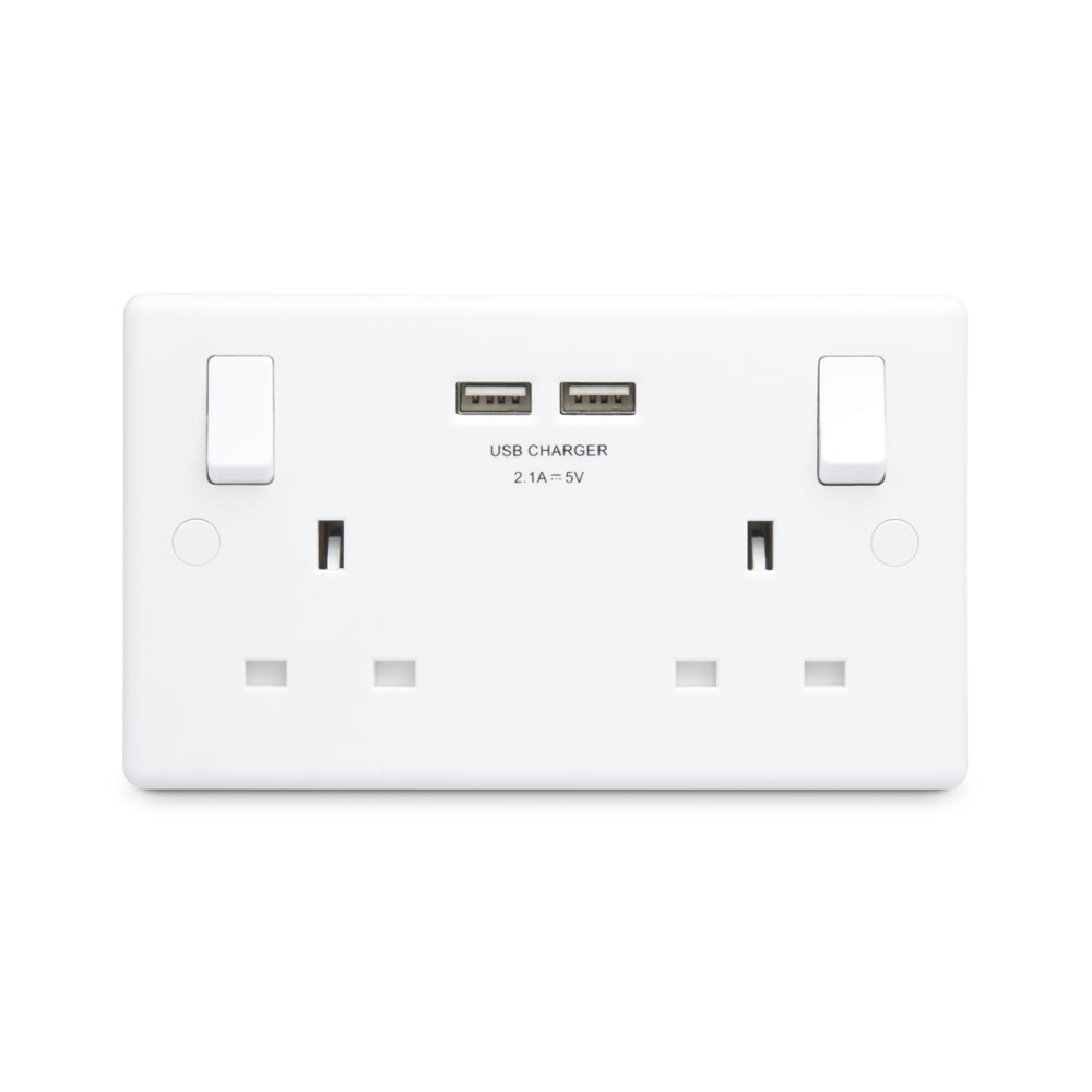 WILKO Wall Plug Socket 2 Gang 13A 2 Charger USB Port Outlet Flat Plate 2.1A UK 