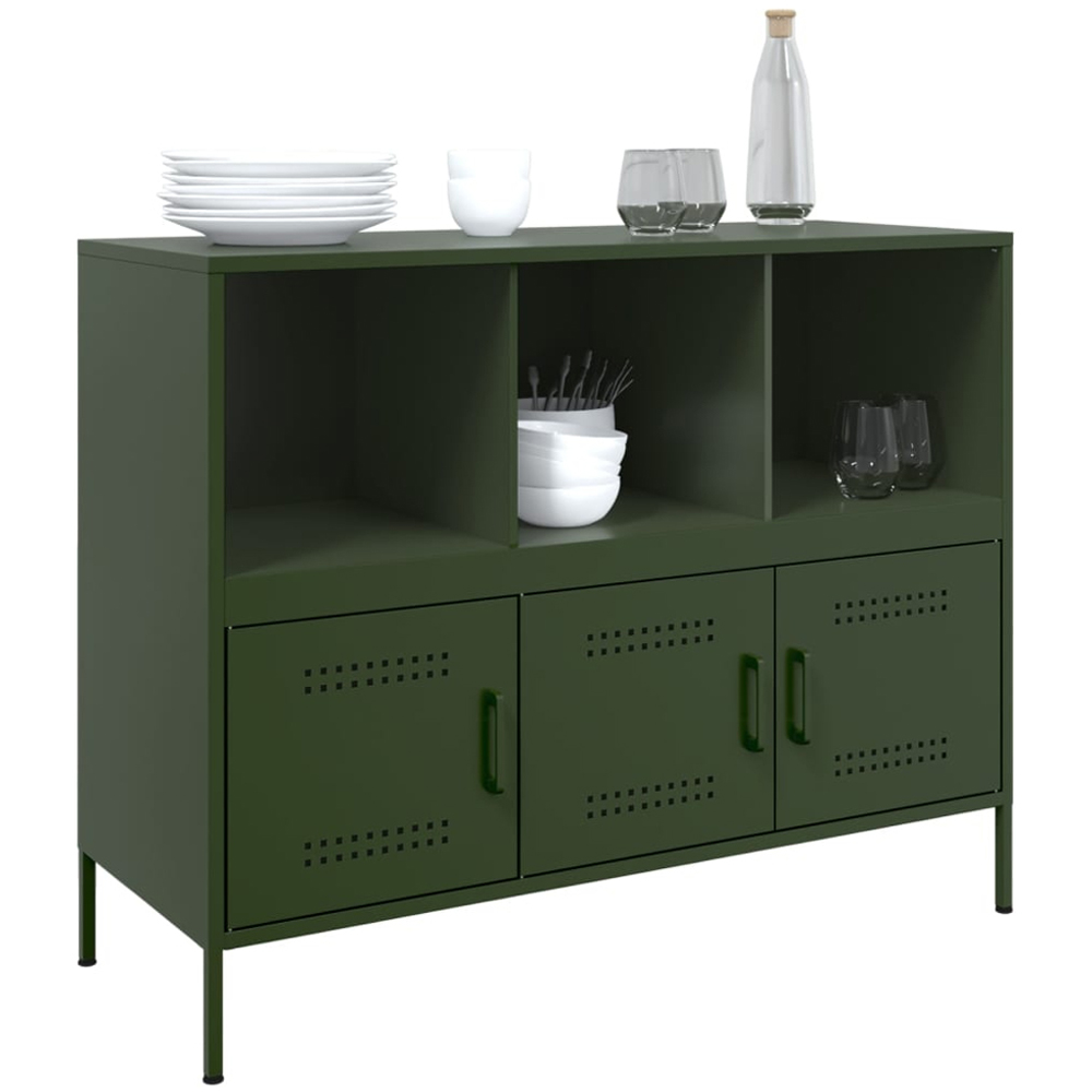 vidaXL 3 Door 3 Shelf Olive Green Steel Sideboard Image 4