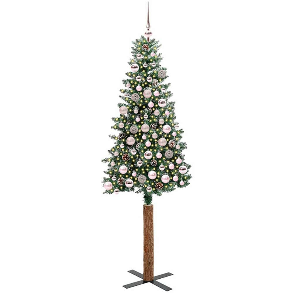 vidaXL Green Snow Flocked Artificial Christmas Tree with Pinecones LEDs Pink Ornaments 6ft Image 1