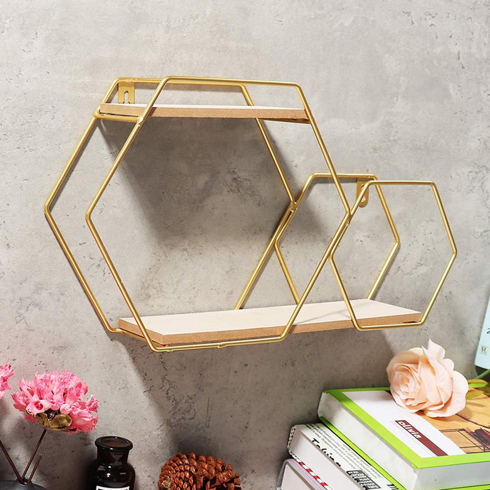 Living and Home 2 Tier Gold Framed Wall Hanging Floating Hexagonal Wall Shelf Image 4