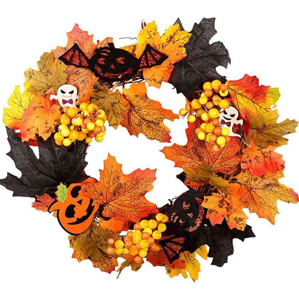 Living and Home Halloween Skull Leaf Door Wreath with Light Image 1