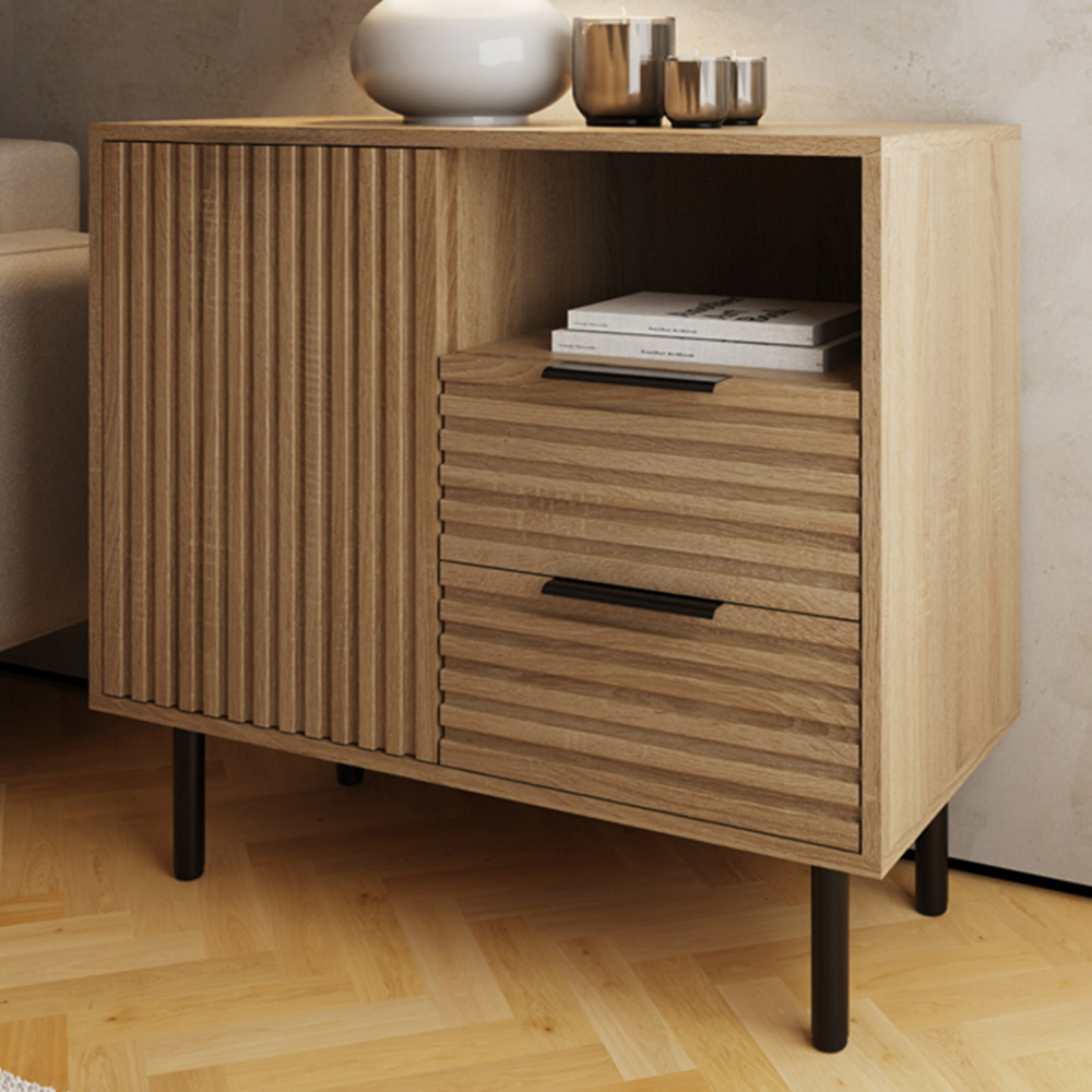 GFW Nervata Single Door 2 Drawer Single Shelf Oak and Black Ribbed Compact Sideboard Image 1