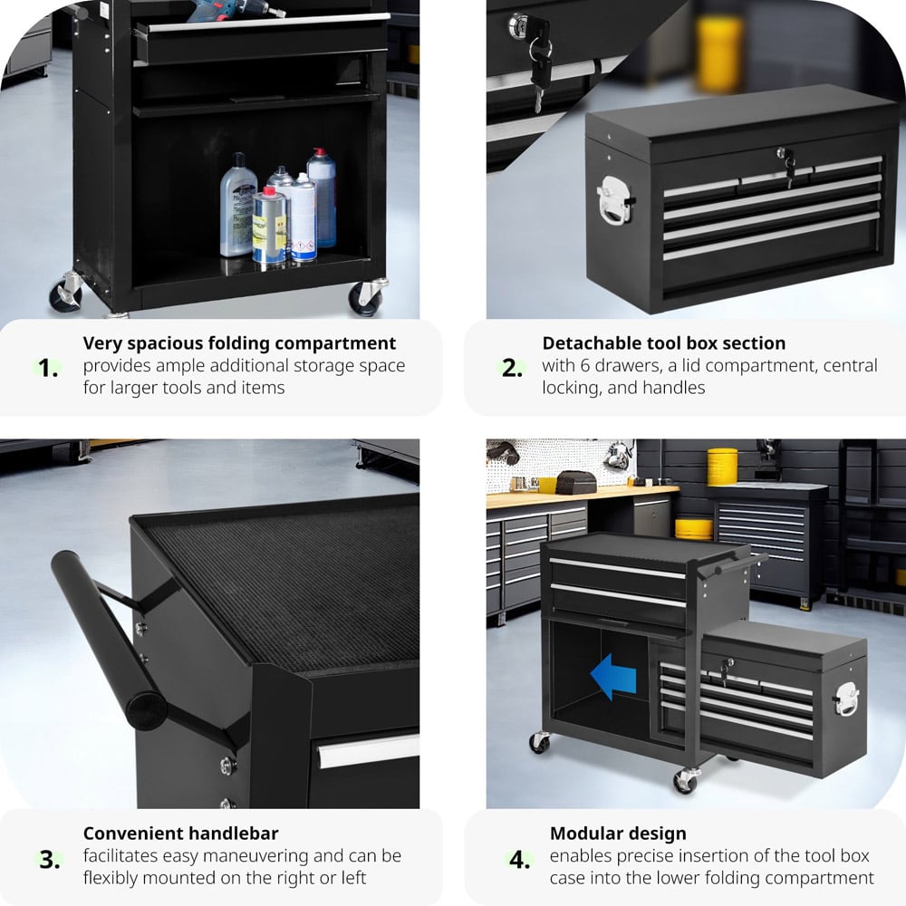 tectake 8 Drawer Black Tool Chest of Drawers with Wheels Image 4