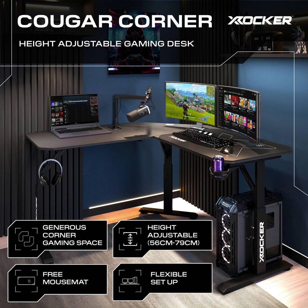 X Rocker Cougar Height Adjustable Corner Gaming Desk with Mousepad Black Image 6