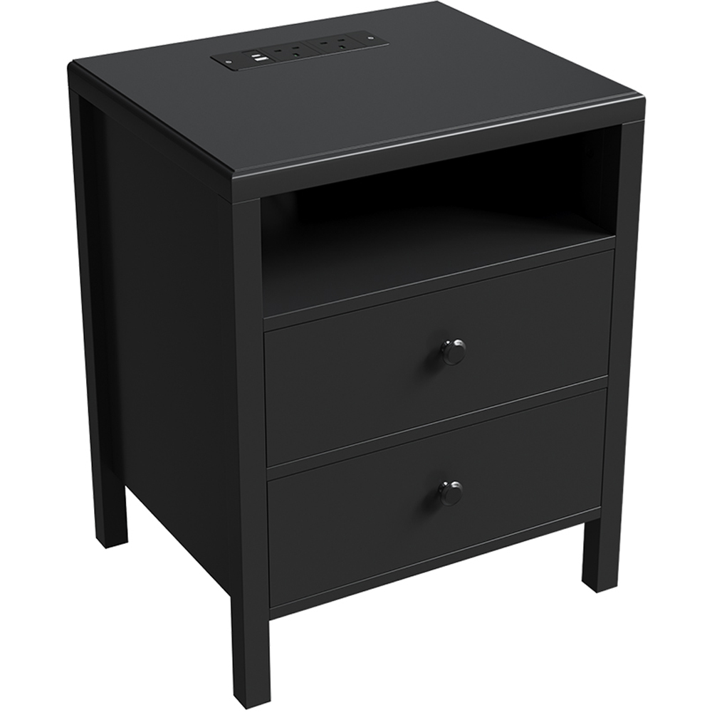 Living and Home 2 Drawer Single Shelf Black Modern Bedside Table with Power Strip Set of 2 Image 2