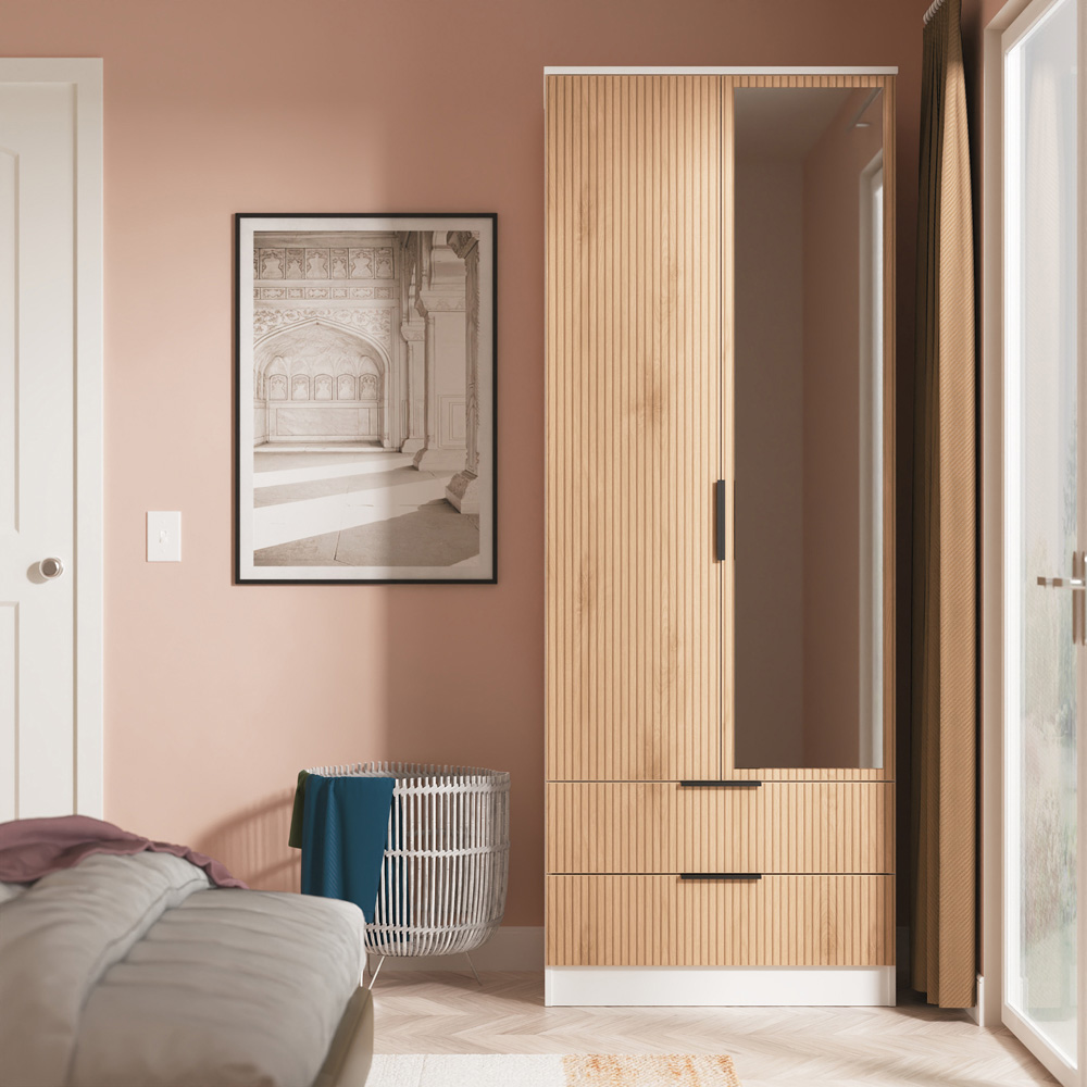 Crowndale Java 2 Door 2 Drawer Slatt Effect and White Tall Mirrored Wardrobe Ready Assembled Image 8