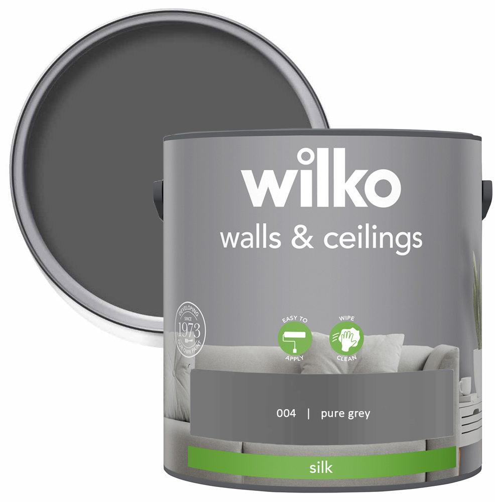 Wilko Walls & Ceilings Pure Grey Silk Emulsion Paint 2.5L Image 1