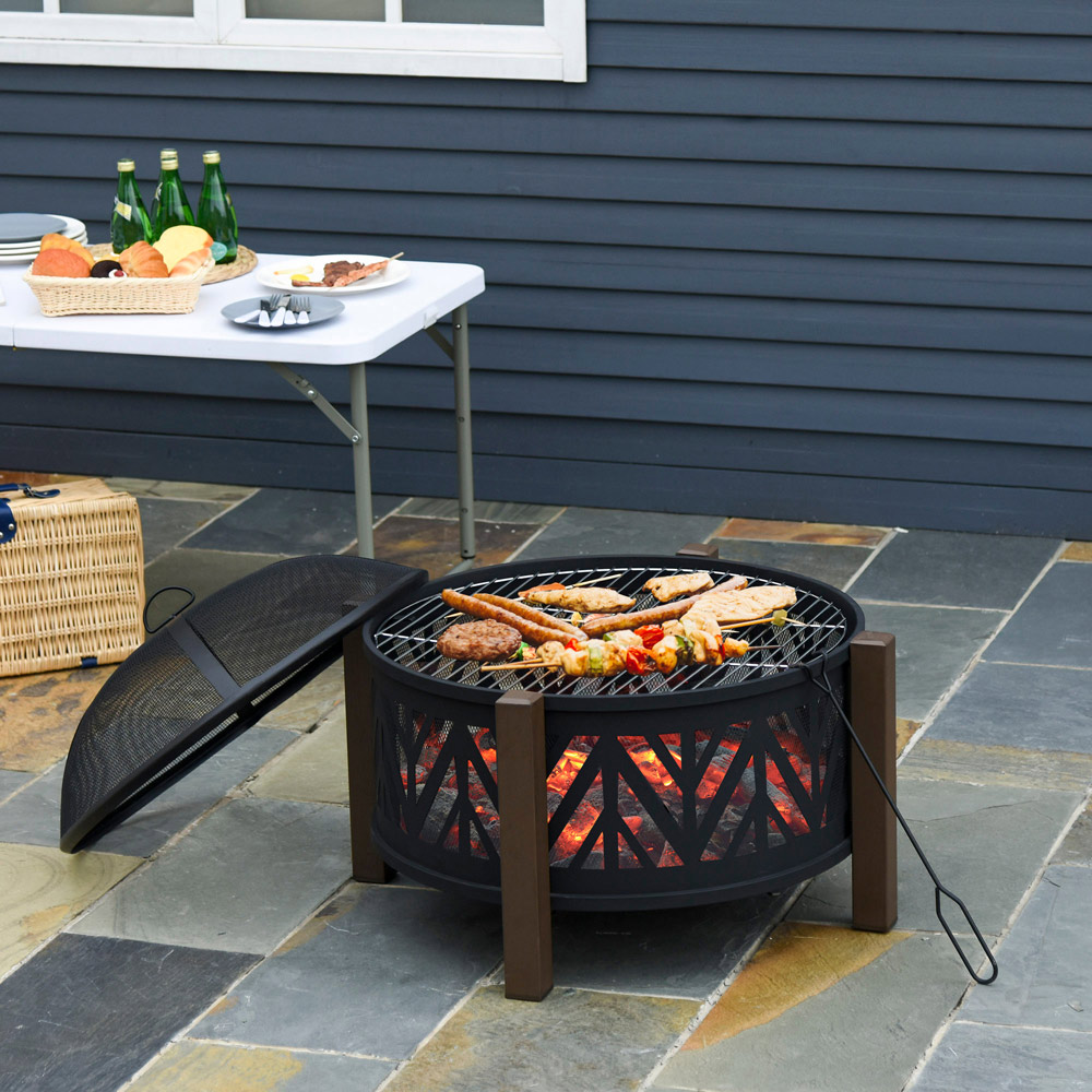 Outsunny Steel Fire Pit BBQ with 4 Side Feet, Poker and Mesh Lid Image 3