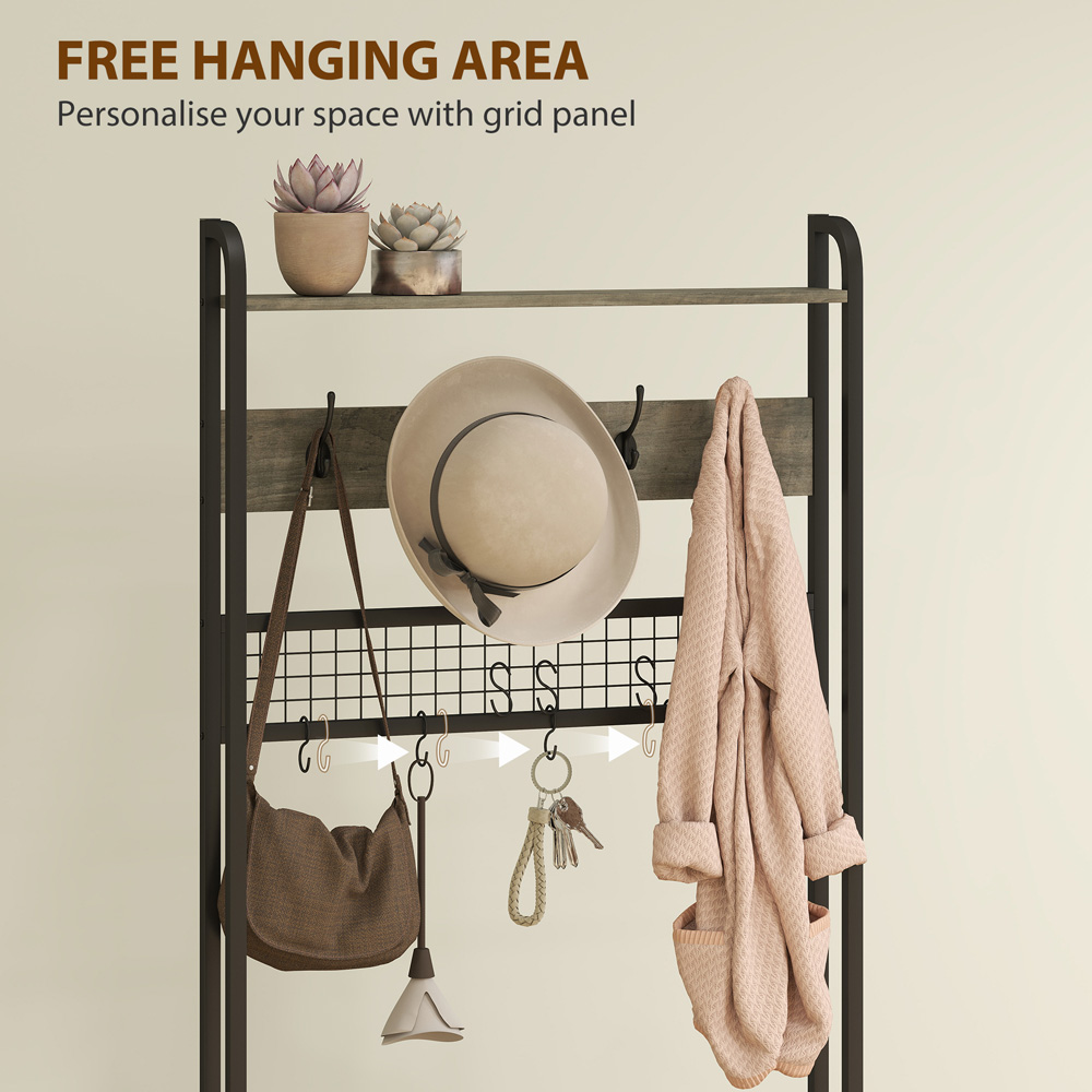HOMCOM Single Flip Out Drawer 2 Shelf Grey Industrial Hall Tree Coat Stand Image 4