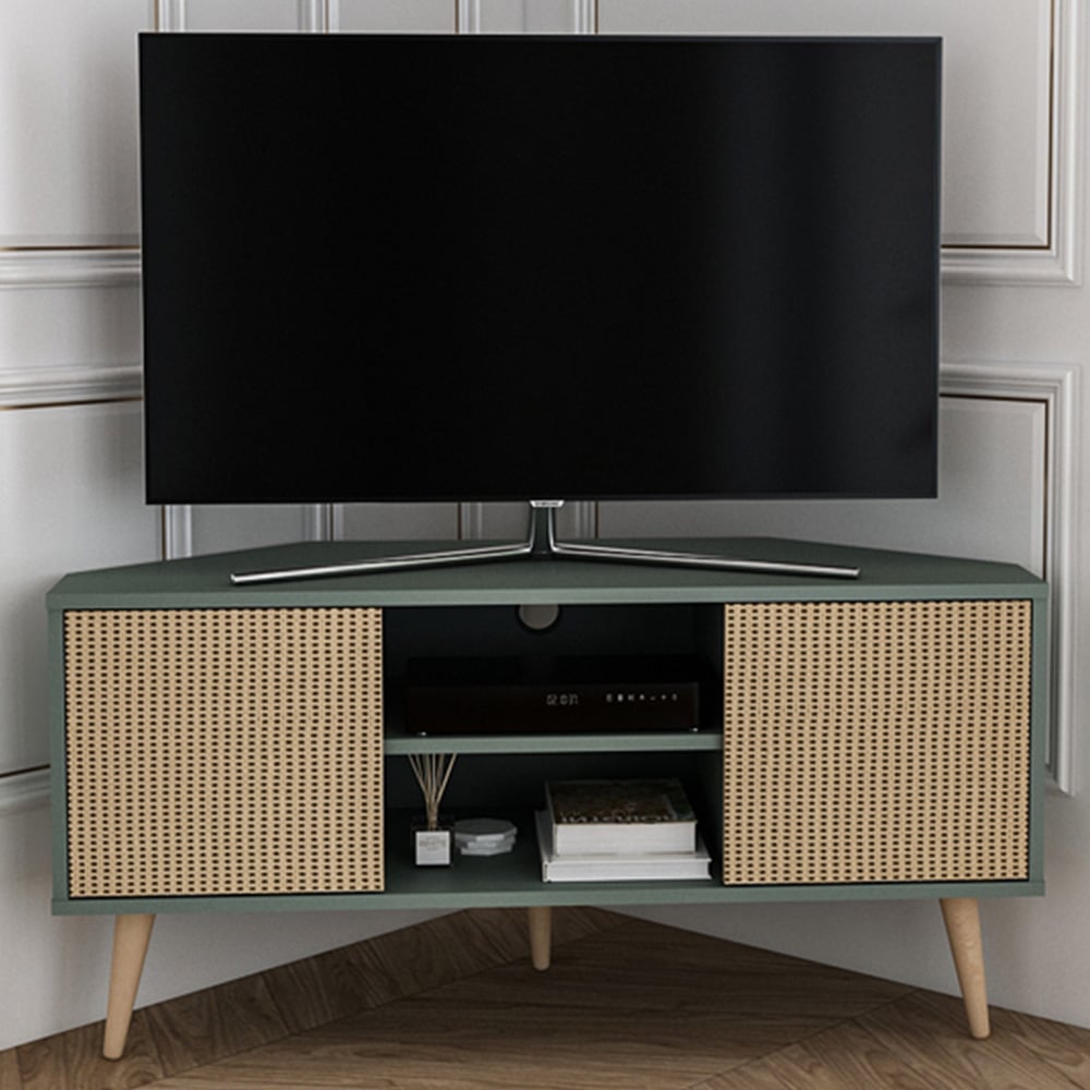 Decorotika Lesson 2 Door 2 Shelf Green and Rattan Corner TV Stand Image 1