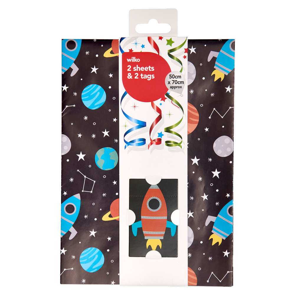 Wilko Space Rocket Gift Wrap 2 Sheets and 2 Tags Image 1