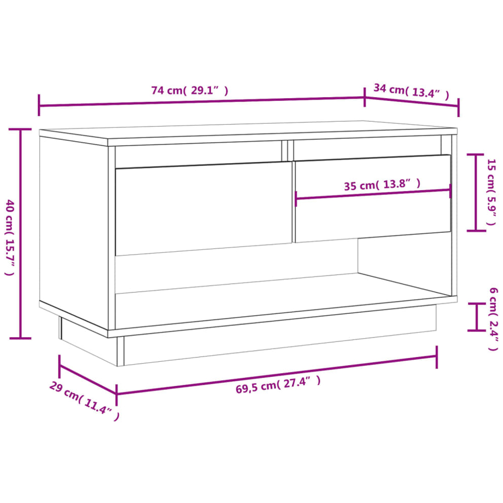 vidaXL 2 Drawer Single Shelf Black Solid Pine Wood TV Cabinet Image 8
