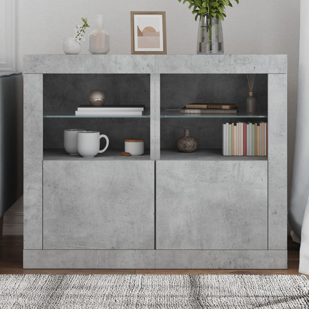 vidaXL Single Door 2 Shelf LED Concrete Grey Side Cabinet Set of 2 Image 1