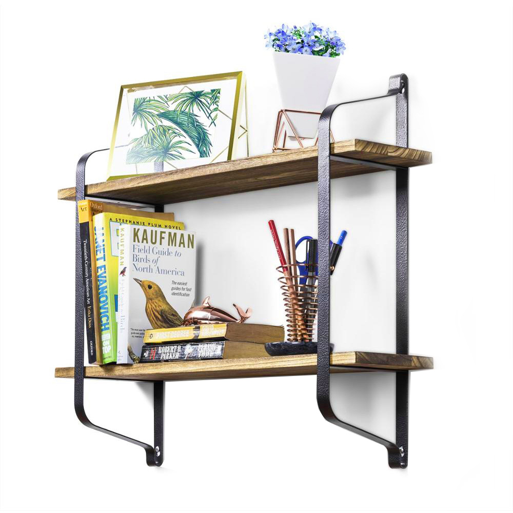 Living And Home WH0948 Wood Metal Frame & Wood 2-Tier Wall Mounted Floating Shelf Image 4