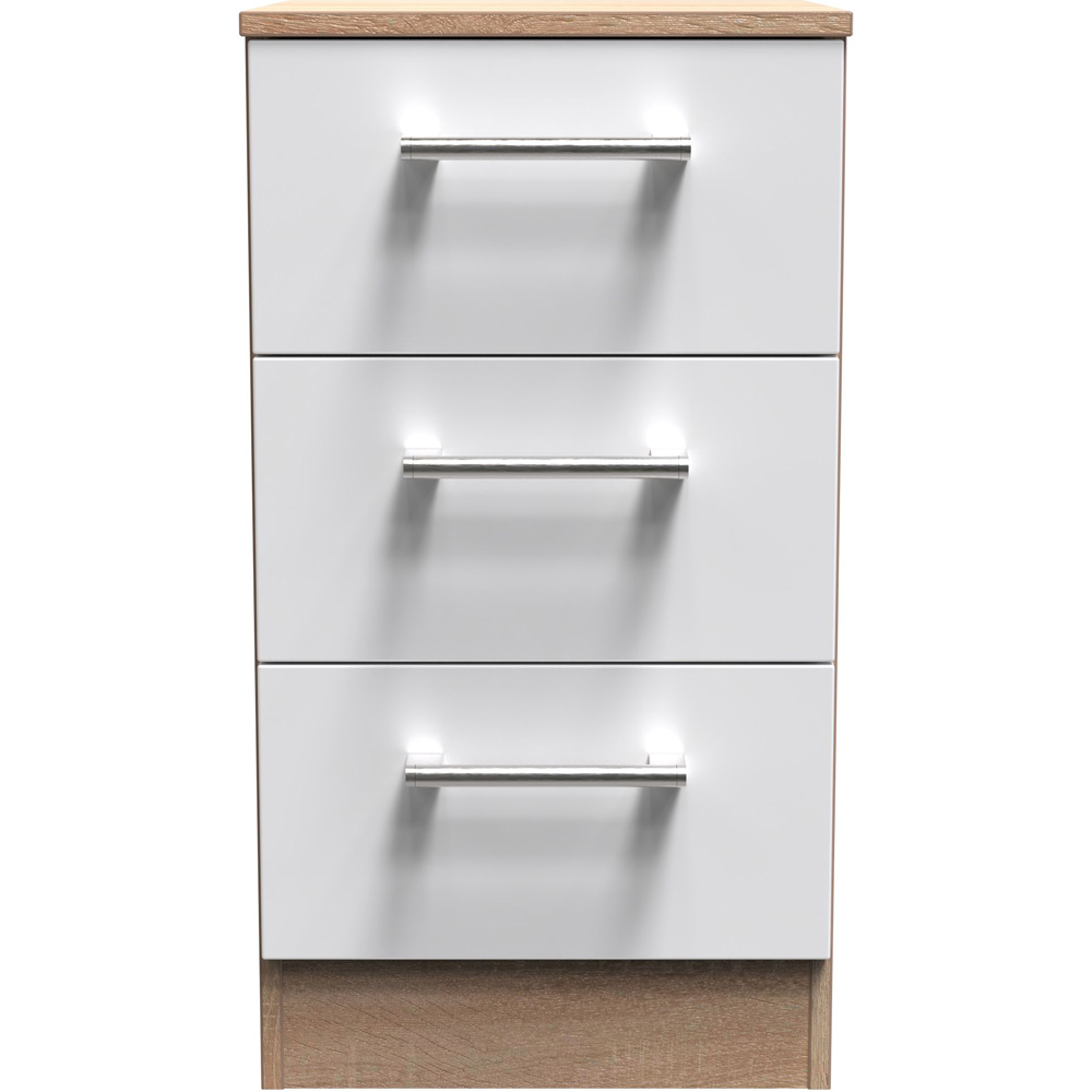 Crowndale Devon 3 Drawer Matt White and Bardolino Oak Bedside Cabinet Ready Assembled Image 2
