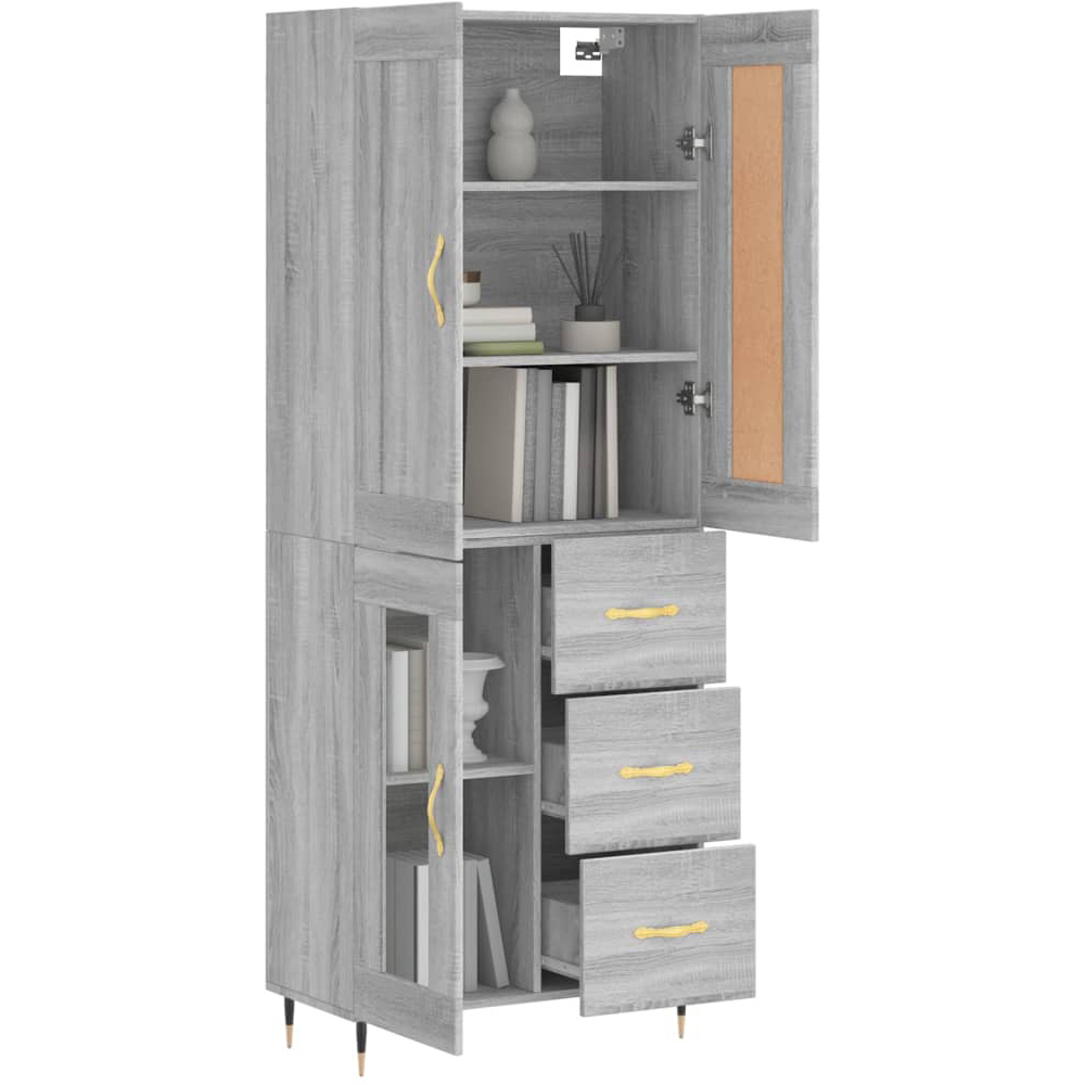 vidaXL 3 Wood and Glass Door 3 Drawer Grey Sonoma Highboard with Gold Handle Image 5