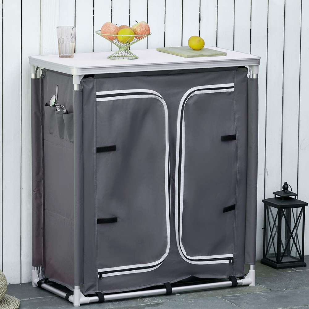 Outsunny Camping Kitchen Cupboard with 3 Shelves Grey Image 2
