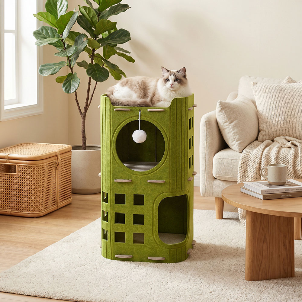 H&O Direct 2-Tier Green Felt Cat House with Hanging Fluffy Ball Image 5