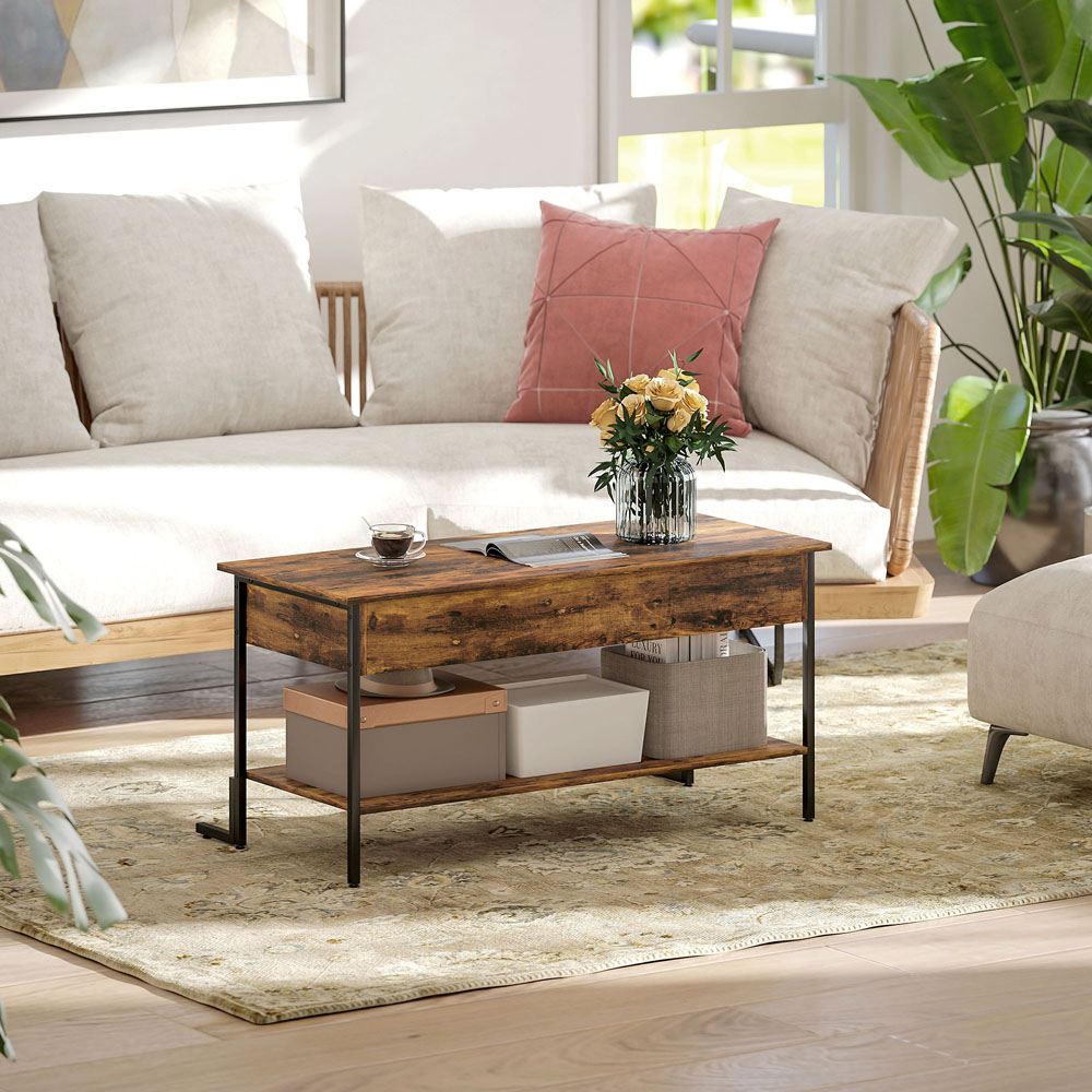 HOMCOM Rustic Brown Industrial Lift Top Coffee Table with Storage Image 4