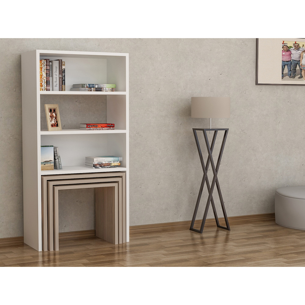 Decorotika Modern Melo 3 Shelf White Cordoba Bookcase with Nest of Tables Set of 3 Image 7