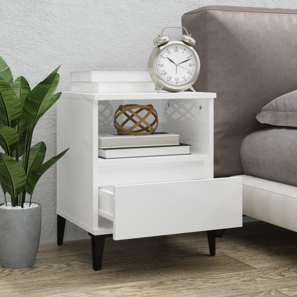 vidaXL Set of 2 Single Drawer Single Shelf High Gloss White Bedside Cabinet Image 9