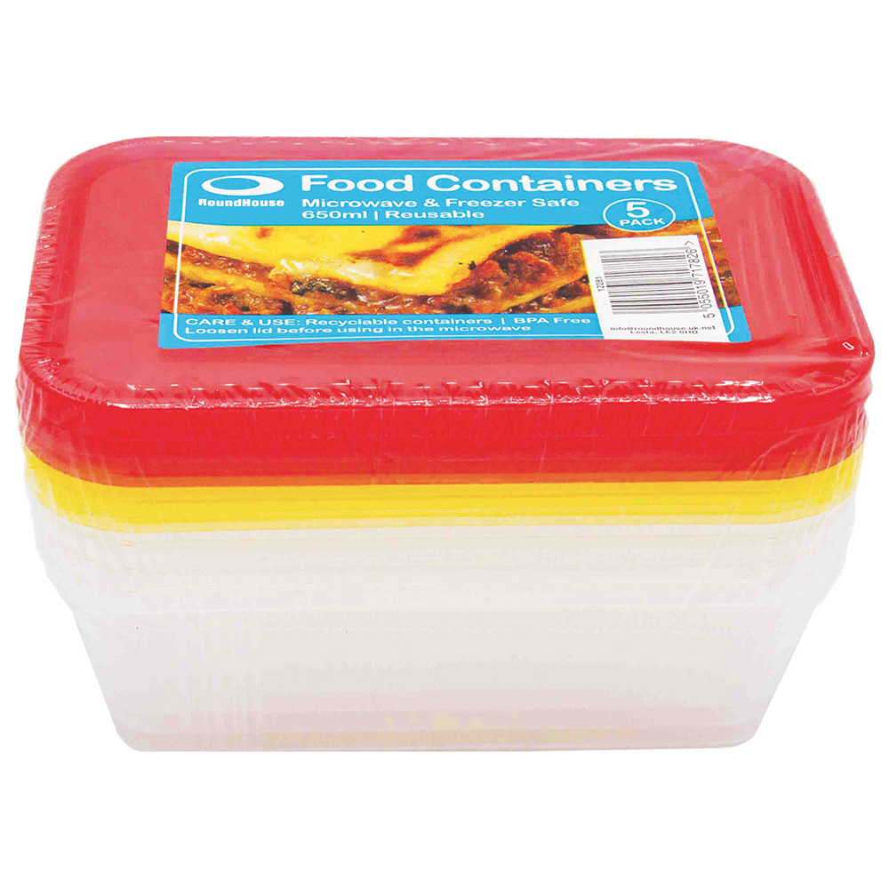 RoundHouse Plastic Food Containers with Coloured Lids 650ml 5 Pack Image 1