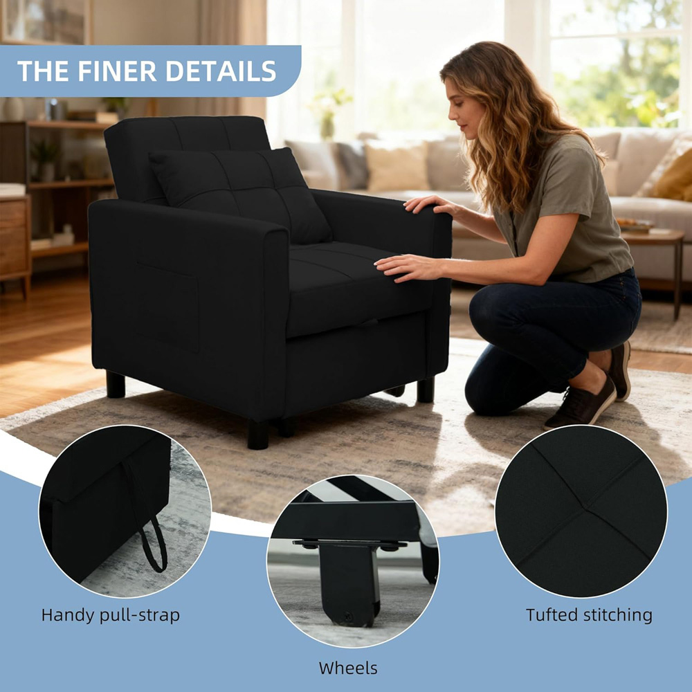 Alivio Singel Seater 3-in-1 Black Convertible Sofa Bed Chair Image 8
