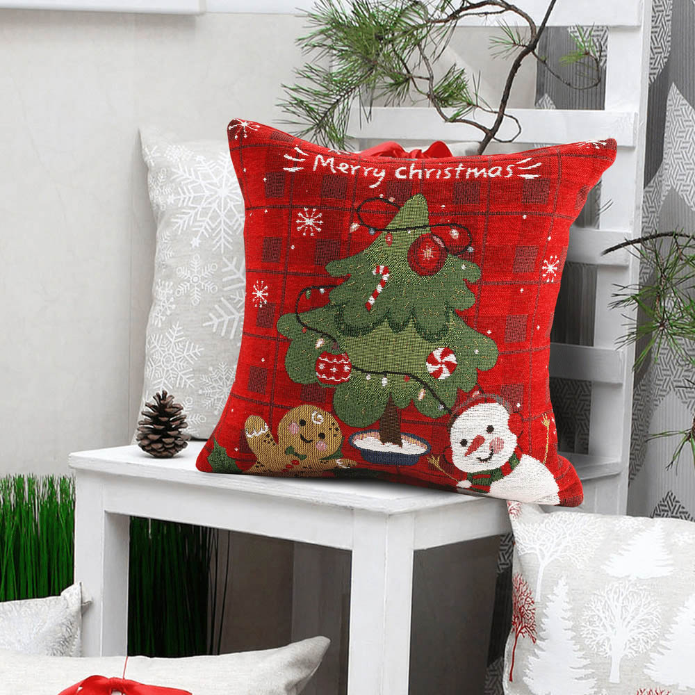 Noel Square Merry Xmas Tree Check Cotton Chenille Cushion Image 2