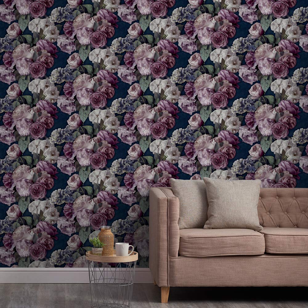 Grandeco Gabrielle Maximalist Plum Floral Navy Wallpaper by Paul Moneypenny Image 3